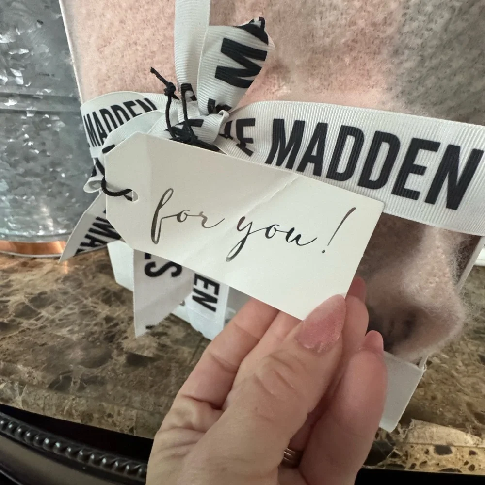 NWT Steve Madden Pink, Gray, & White Scarf In Box- small flaws on box pictured